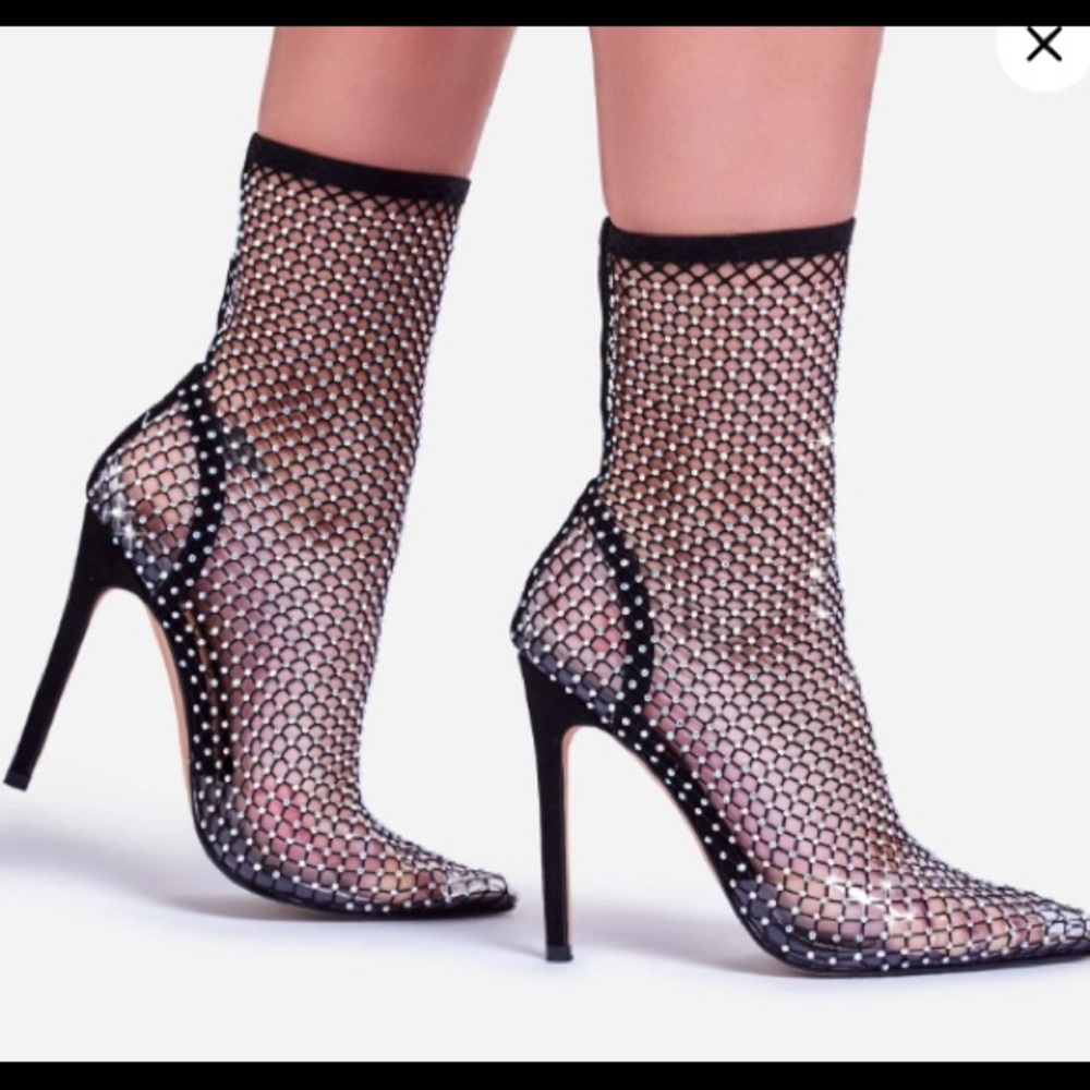 Diamante Detail Fishnet Black Heels size 9
